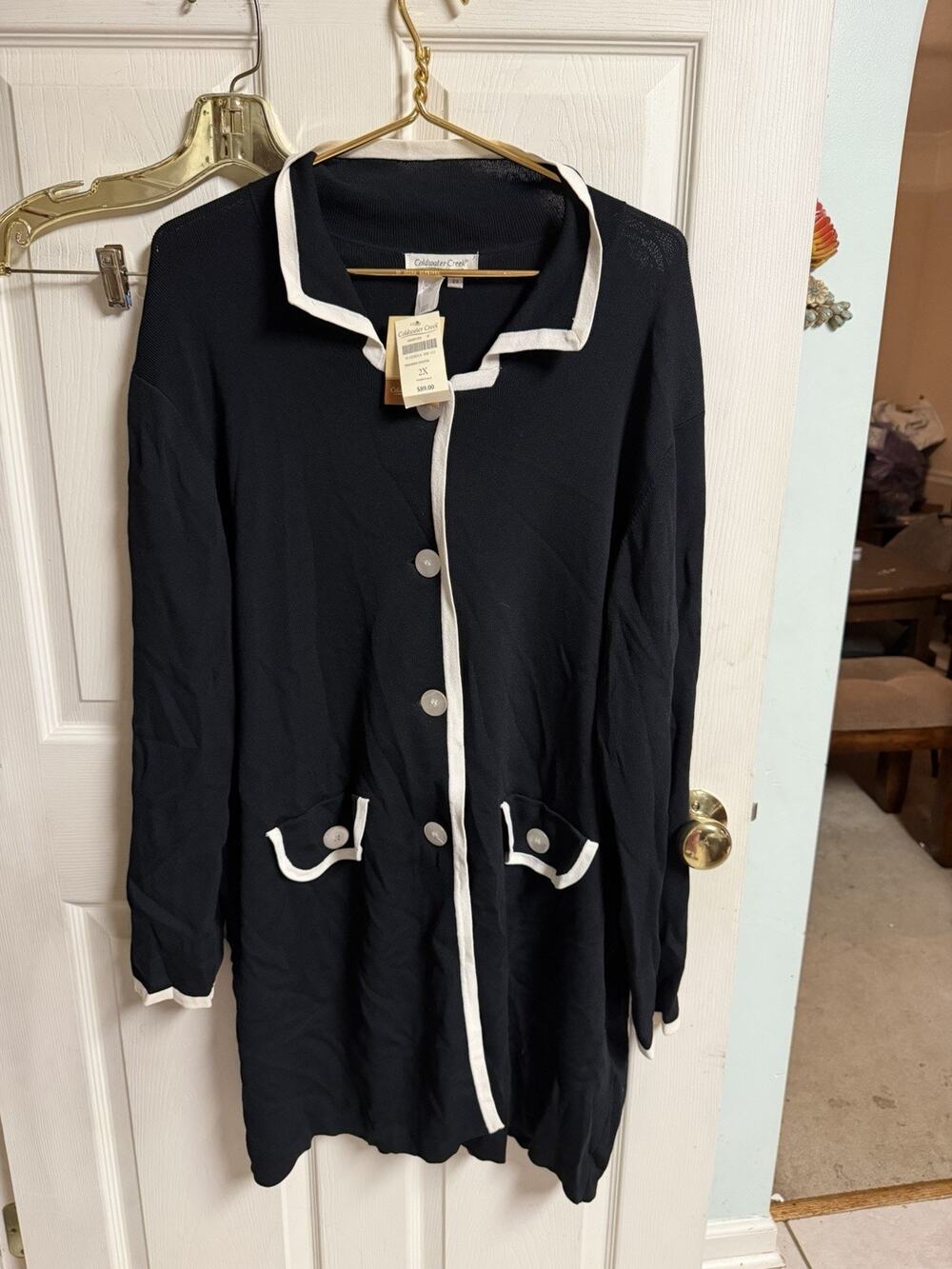 Coldwater Creek Long Cardigan Sweater Duster Pockets Thin 2x 48x37 Black White